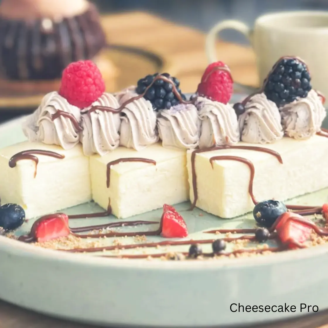 Cheesecake garnished with cream and berries